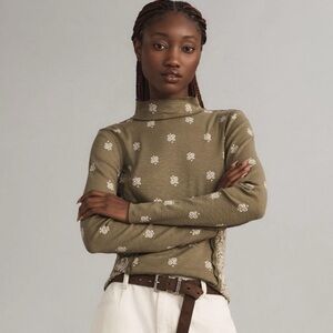 ANTHROPOLOGIE Pilcro Green Bandana Print Turtleneck Cotton-Slub Shirt Top